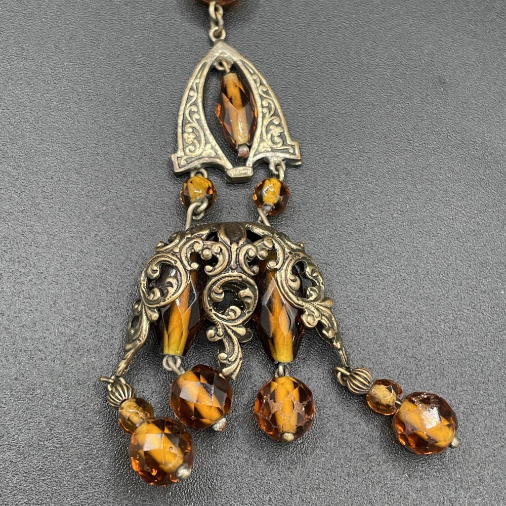 Antique c1920's Art Deco Czech Amber Glass Brass Filigree Flapper Necklace 40" - Picture 3 of 11